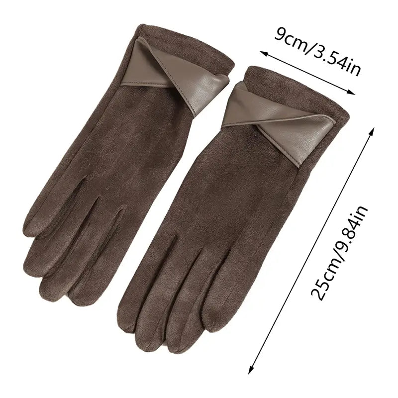 Brown suede women’s touchscreen winter gloves showing the back with a contrasting lighter brown leather cuff.