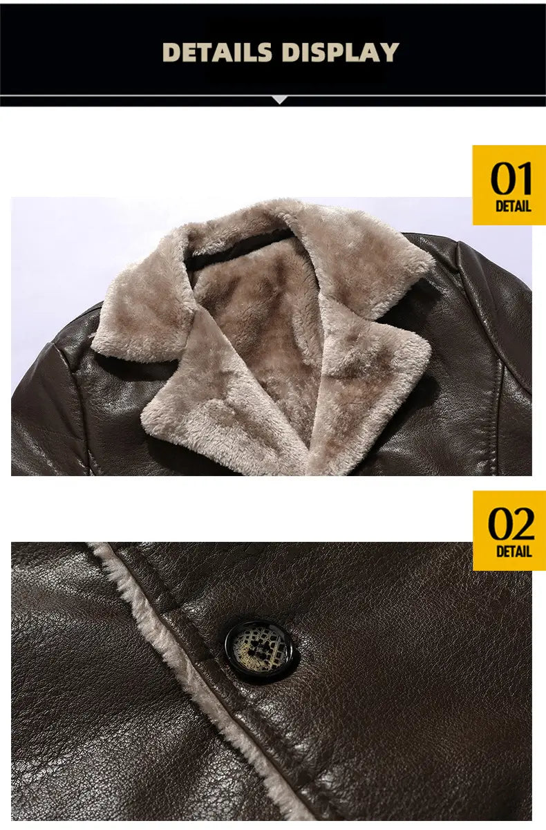 gabardina de cuero para hombre con forro de vellón, chaqueta de invierno, en cuero marrón, con cuello de borreguillo marrón claro esponjoso y forro interior a juego para uso en clima frío