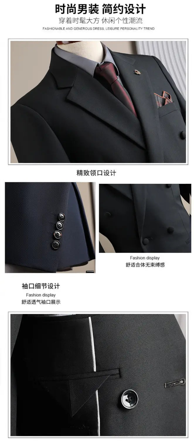 Veste de costume d’affaires pour homme noir à double boutonnage, boutons argentés et détail de surpiqûre contrastante subtile, idéale pour les occasions d’affaires en mode masculine et de soirées décontractées.