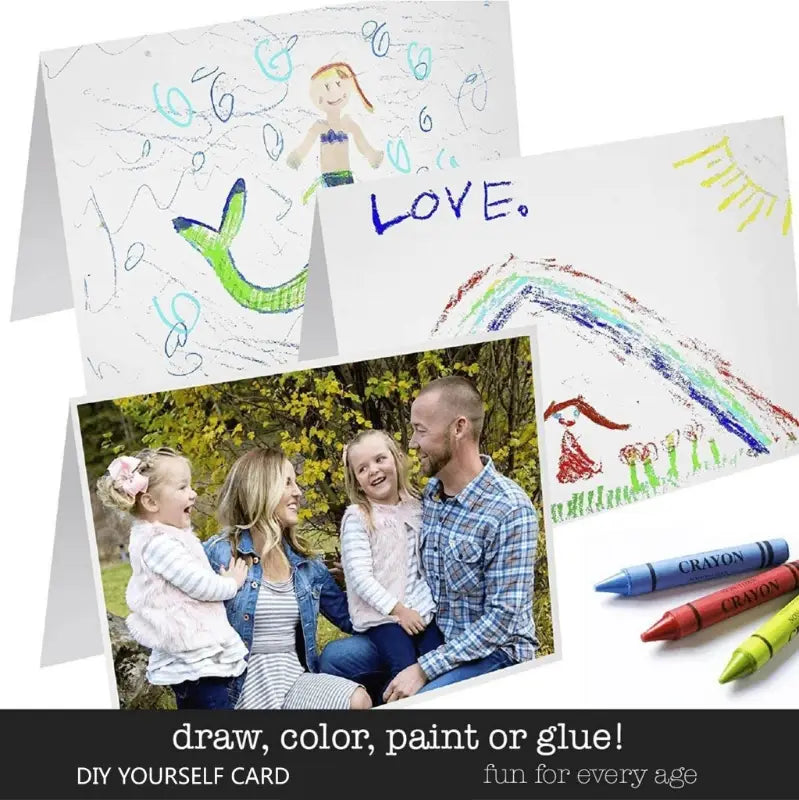 A white foldable diy recordable voice greeting card featuring a child’s colorful crayon drawing of a mermaid and the word love written in blue.
