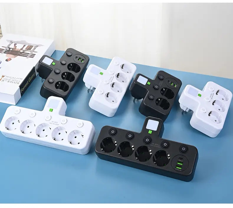 Black and white wall charger socket with usb ports featuring multiple outlets for convenient charging of electronic devices.