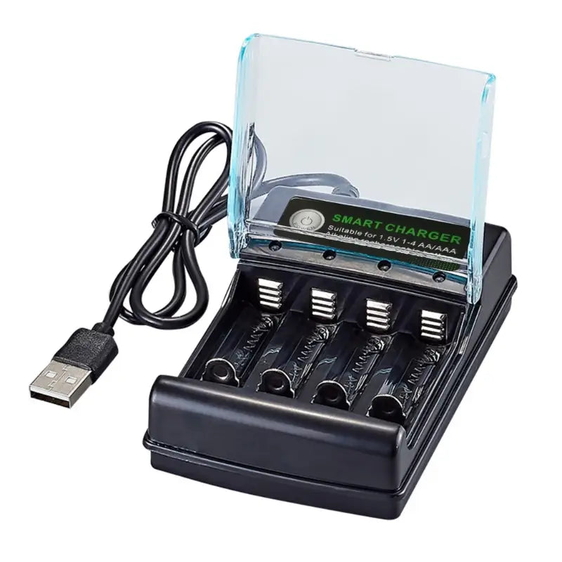 Black plastic 1.5v alkaline battery charger with four slots for aa and aaa batteries featuring a clear lid and usb cable for smart charging.