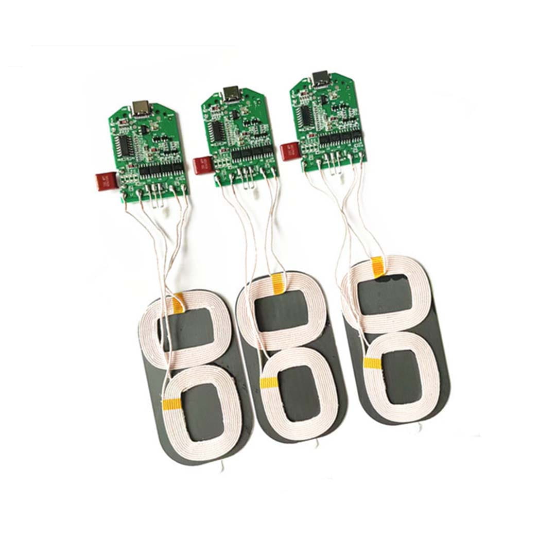 The picture shows three wireless pcba 15w fast charging transmitter modules with green circuit boards and white coiled wires designed for 1-2a wireless charging.