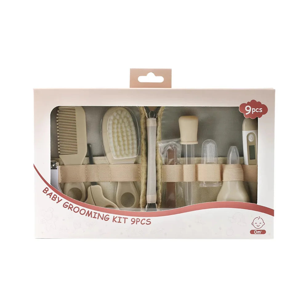 Baby Grooming Kit 9PCS Newborn Care Set with Nail Clipper Hair Brush Comb Thermometer Baby Hygiene Essentials Travel Kit
