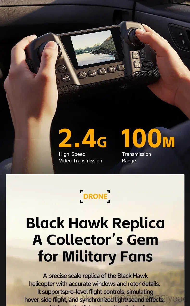 Black hawk replica remote control helicopter controller with built-in screen dual joysticks and black textured grip material designed for 8k camera operation