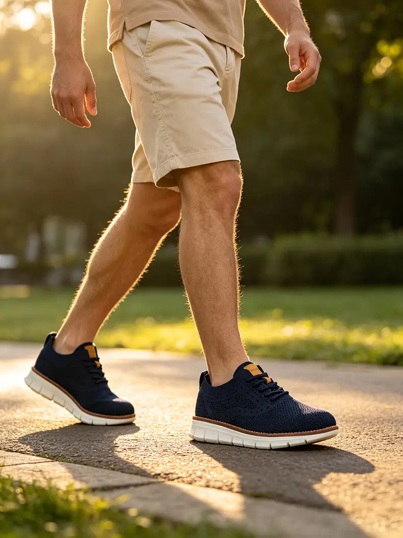 Zapatillas casual de punto azul marino para hombre con material transpirable, suelas blancas y acentos camel, diseñadas para caminar.