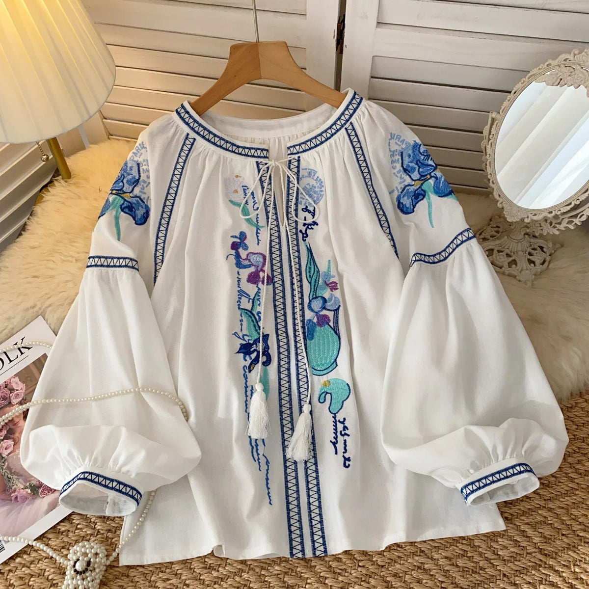 Cotton Ethnic Floral Embroidery Women Blouses Shirts Autumn Casual V Neck Tassel Lace-up Lantern Long Sleeve Blouse Boho Tops