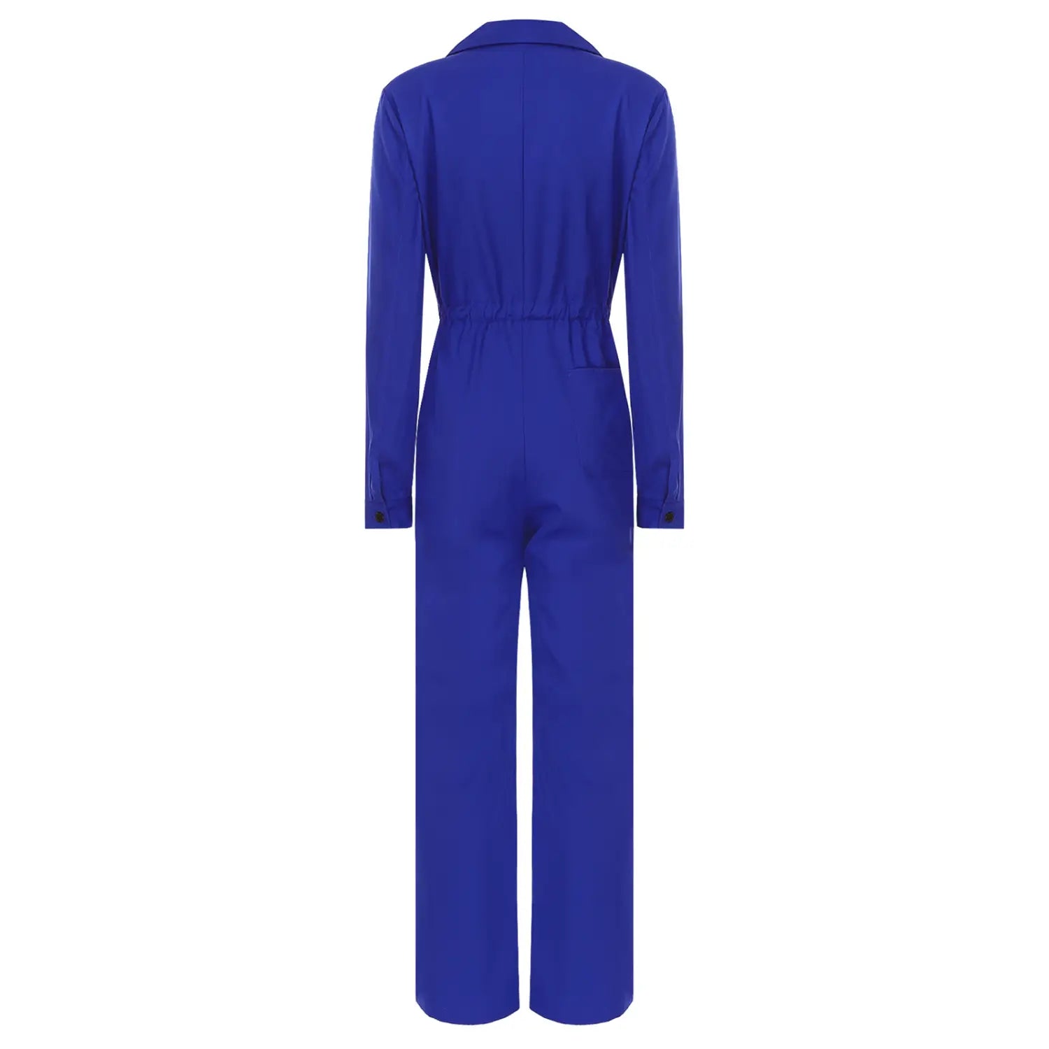 A vibrant royal blue long sleeve casual jumpsuit featuring a collar and buttoned cuffs suitable for everyday wear.