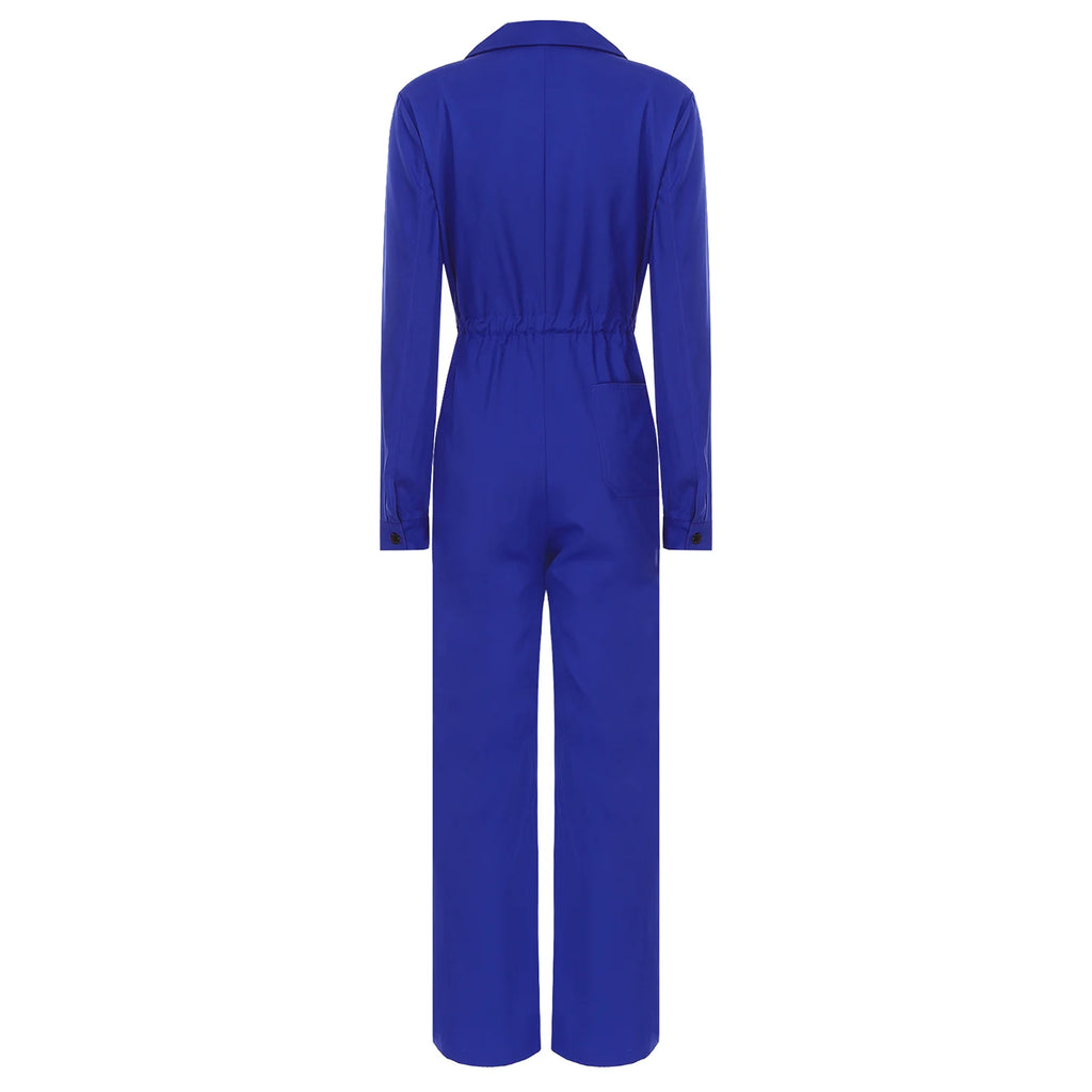 Womens Casual Jumpsuit Coverall Long Sleeve Solid Color Turn-Down Collar Button Flap Romper Fashion Work Travel Holiday Homewear
