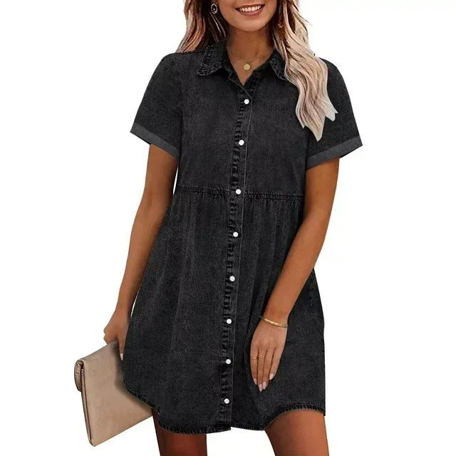 Women Denim Shirt Dresses Short Sleeve Turn Down Collar Jean Dress Single-breasted Casual Top Loose Ruffled Edge Women Dresses