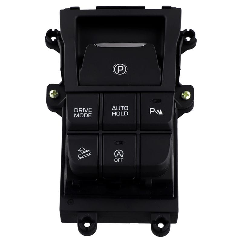 Black plastic electronic hand brake switch panel for Tucson 2016 2017 with labeled buttons for drive mode auto hold parking brake and vehicle functions.