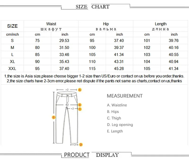 The image displays a size chart for men distressed skinny jeans vintage slim fit denim pants with measurements in centimeters and inches for sizes s through xxl.