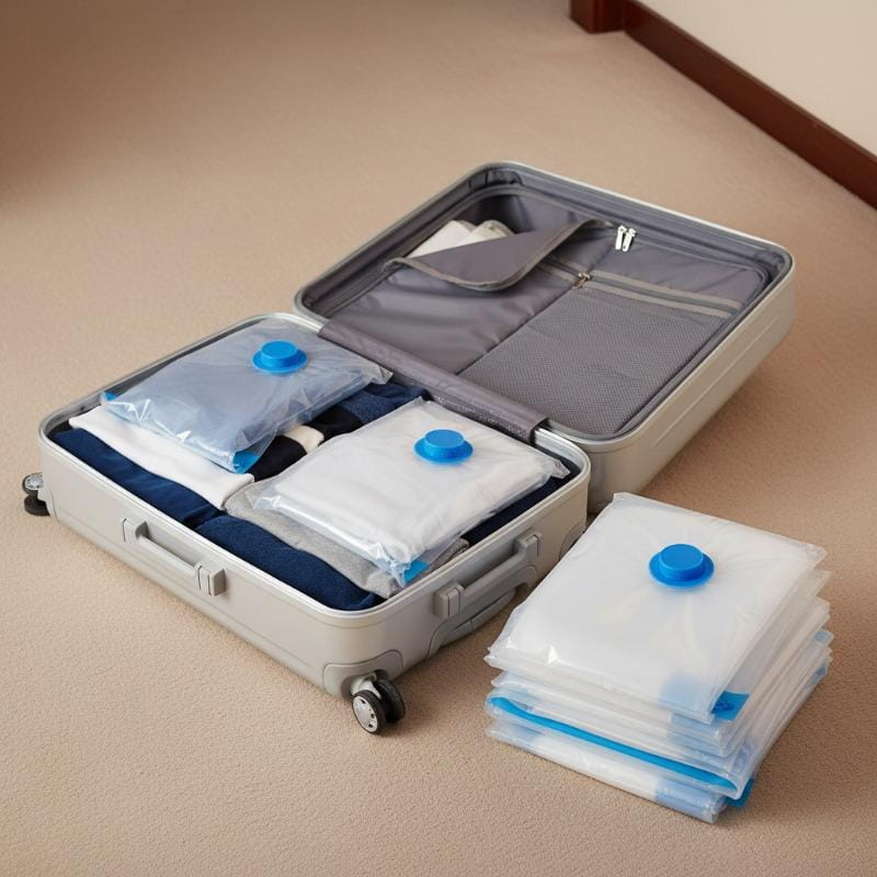 clear plastic vacuum storage bags with blue caps and seals made of pa+pe material neatly stacked beside an open suitcase in a 5 pack set