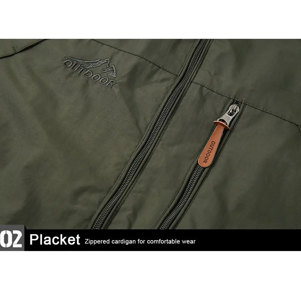 Men’s olive green waterproof tactical hooded jacket featuring a zippered placket with a stitched outdoor logo and leather pull tab.