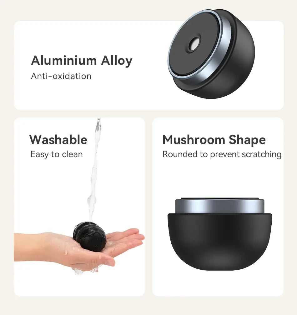black mushroom-shaped aluminum alloy cap with silver rim for Rocoren magnetic laptop stand and cooling holder