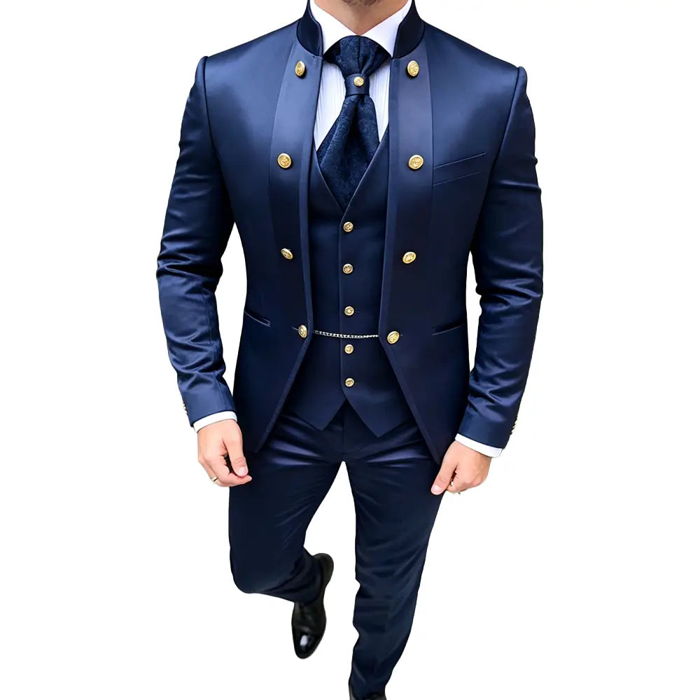 Navy blue satin premium men’s suit three-piece tuxedo featuring gold button closure type and custom fit design.