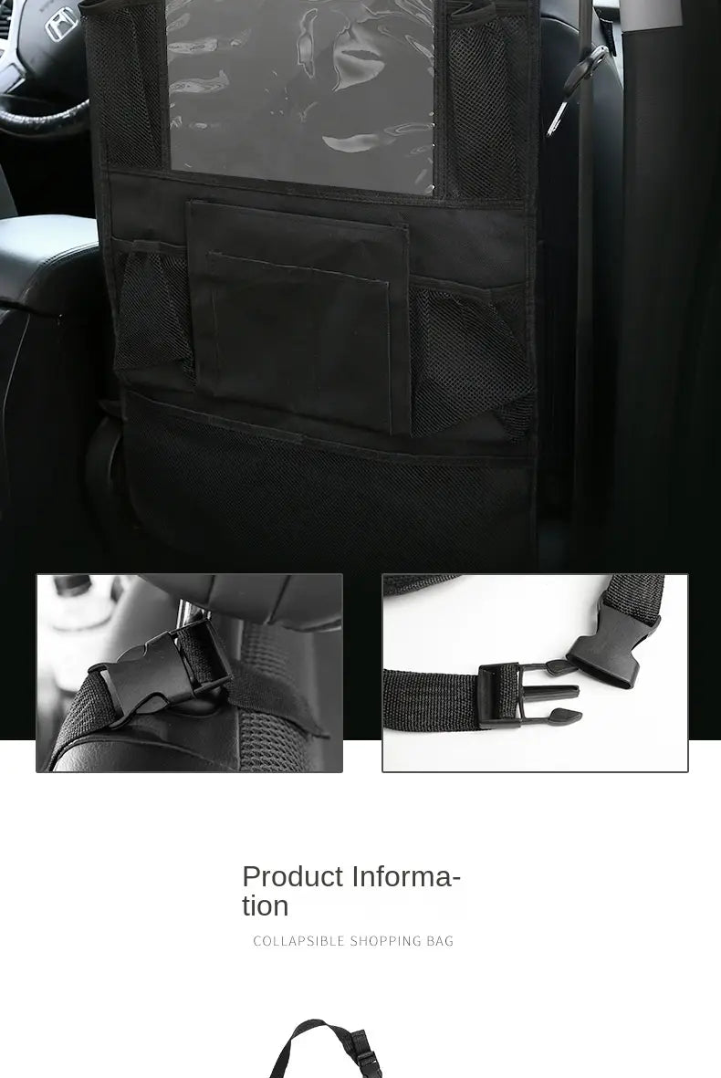 Black collapsible car backseat organizer with tablet holder featuring mesh and solid fabric panels adjustable straps and buckle closures shown from the back side.