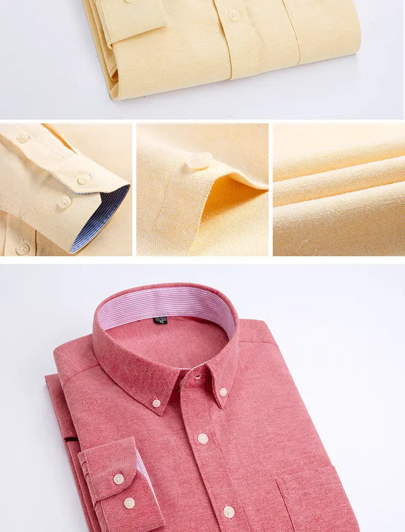 mens light blue oxford shirt casual long sleeve neatly folded in soft pinkish red with subtle texture and contrasting light blue and white striped inner collar lining