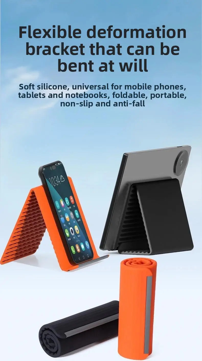 Soporte para teléfono plegable tipo perezoso con abrazadera flexible de silicona en color naranja y negro, diseñado para teléfonos, tabletas y portátiles, con un diseño portátil de abrazadera flexible.