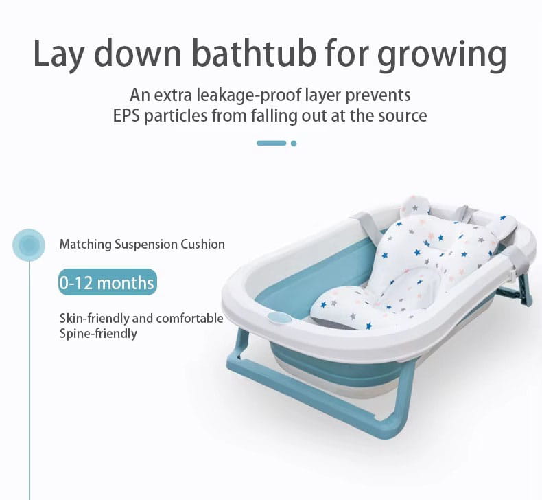 Blue and white foldable baby bathtub with star-patterned suspension cushion designed as a floating newborn tub support cushion.