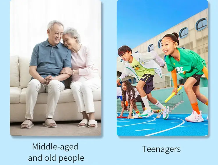 The respiratory trainer lung fitness device designed to improve breathing capacity is shown alongside an elderly couple in a cozy living room and teenagers exercising on an outdoor track.