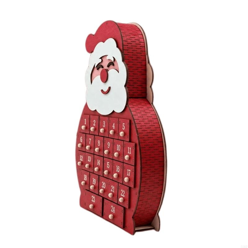 Roter Holz-Weihnachtsmann-Adventskalender in Weihnachtsmannform mit nummerierten LED-Schubladen und weißem Bart zur Weihnachtsdekoration