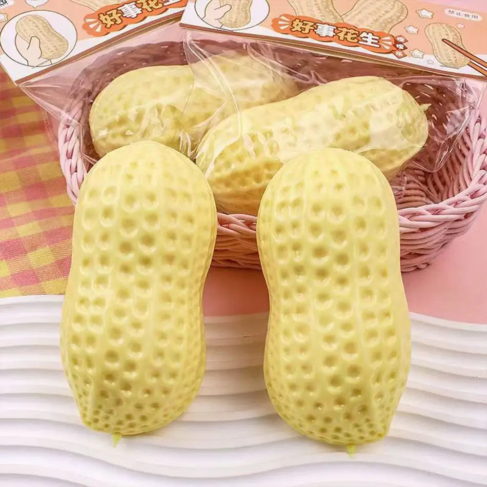 yellow silicone soap ball stress relief peanut-shaped fidget toys arranged in a pink woven basket