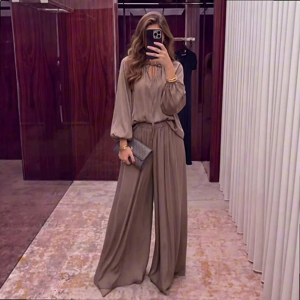 Fashion Women's Matching Set V Neck Tie Front Loose Long Sleeve Tops Pants 2 Piece Outfits Spring Summer