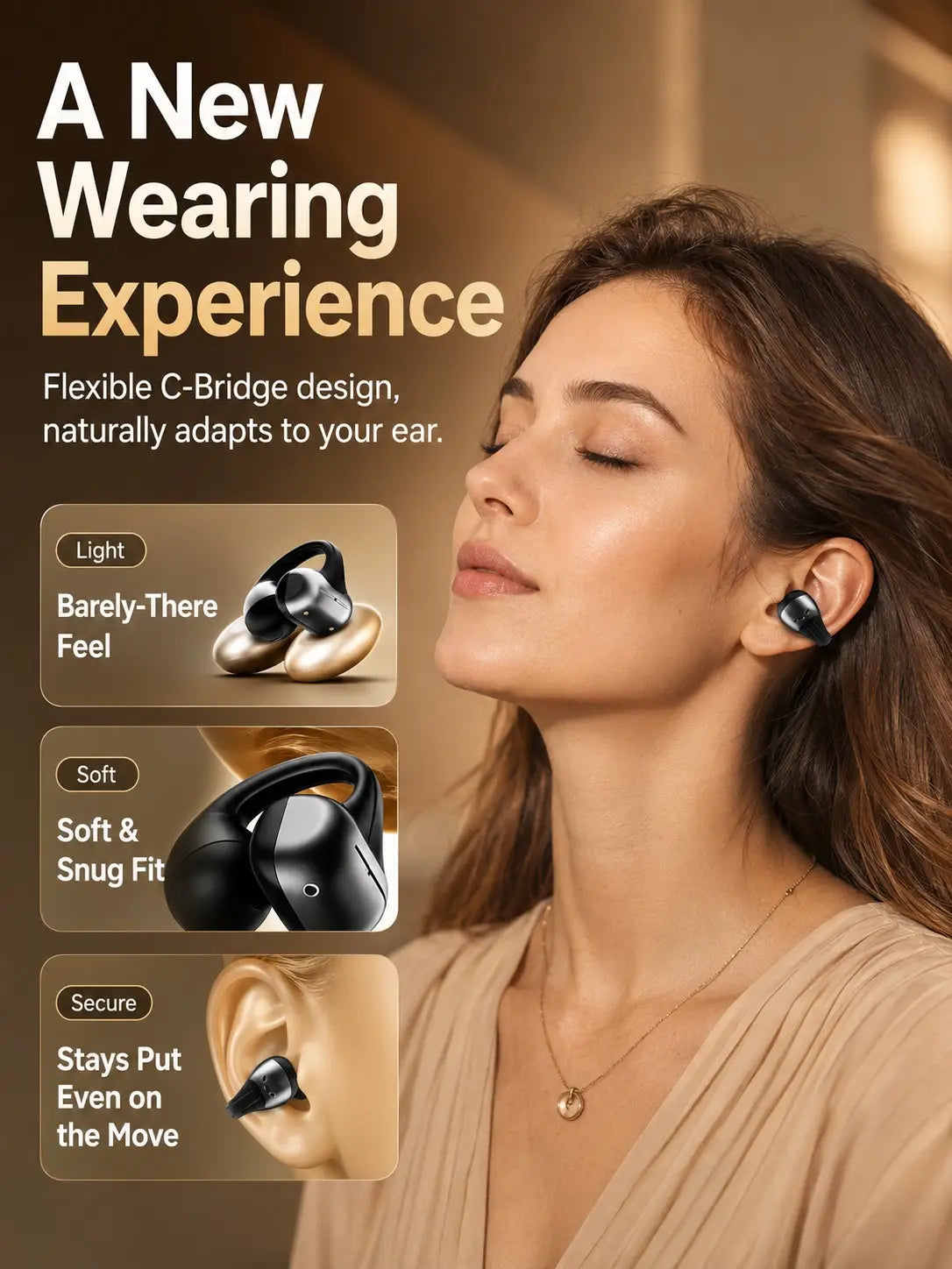 écouteurs Bluetooth à clip sur l’oreille ouverte noirs, avec un design ergonomique épuré et un arceau C flexible pour un maintien sécurisé, comprenant une commande tactile et un étui de charge