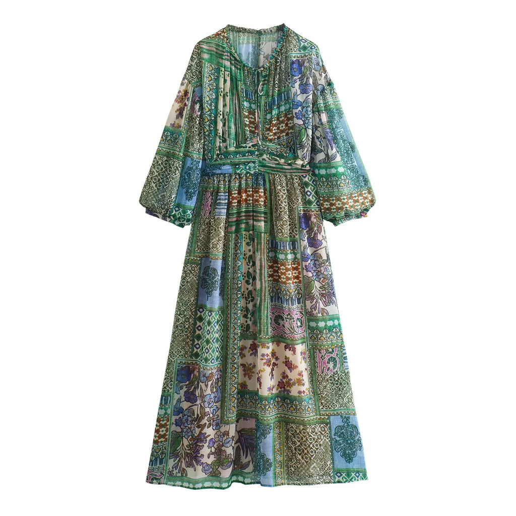Green Floral Printed Blouses Shirts For Women Tops Long Sleeve V Neck Spring Autumn Loose Blouse Boho Chiffon Ethnic Blusas