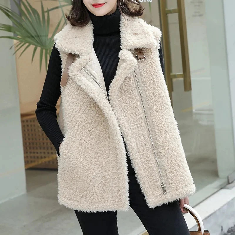 Women Vest Jacket Autumn Winter Lamb Wool Gilet Korean Fashion Sleeveless Waistcoat Solid Thick Warm Zipper Coat Chaleco Mujer