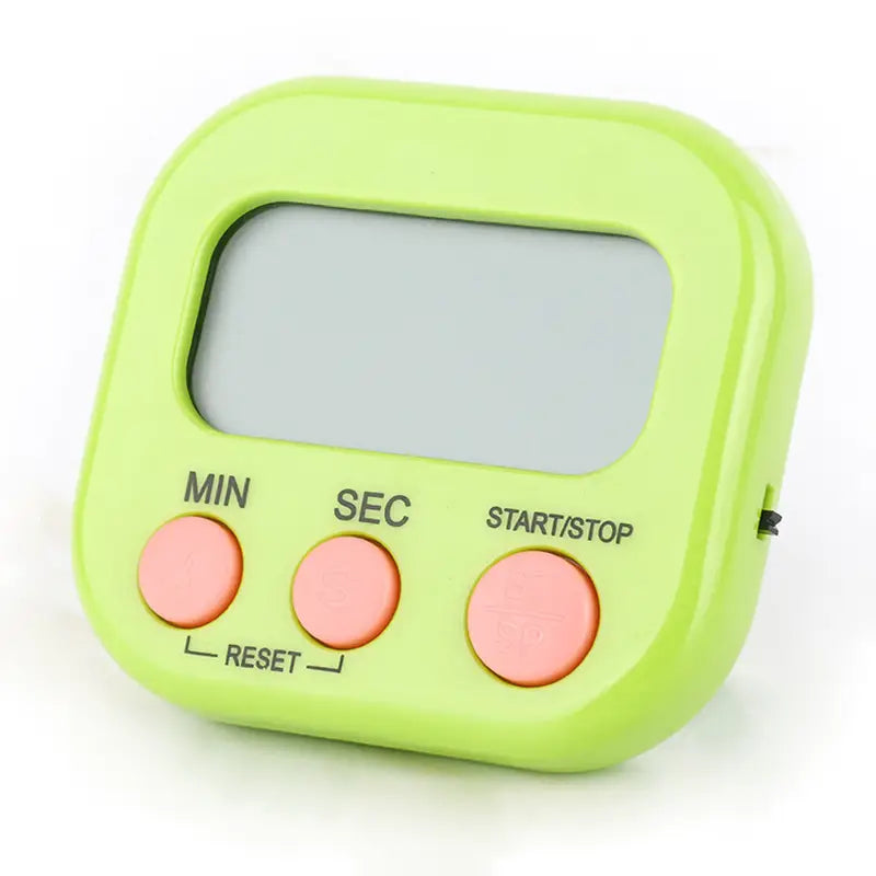 Digitale Küchenuhr mit magnetischer Countdown-Uhr mit eckigem Körper in Limettengrün und drei pinken Tasten mit den Beschriftungen min, sec sowie start/stop.