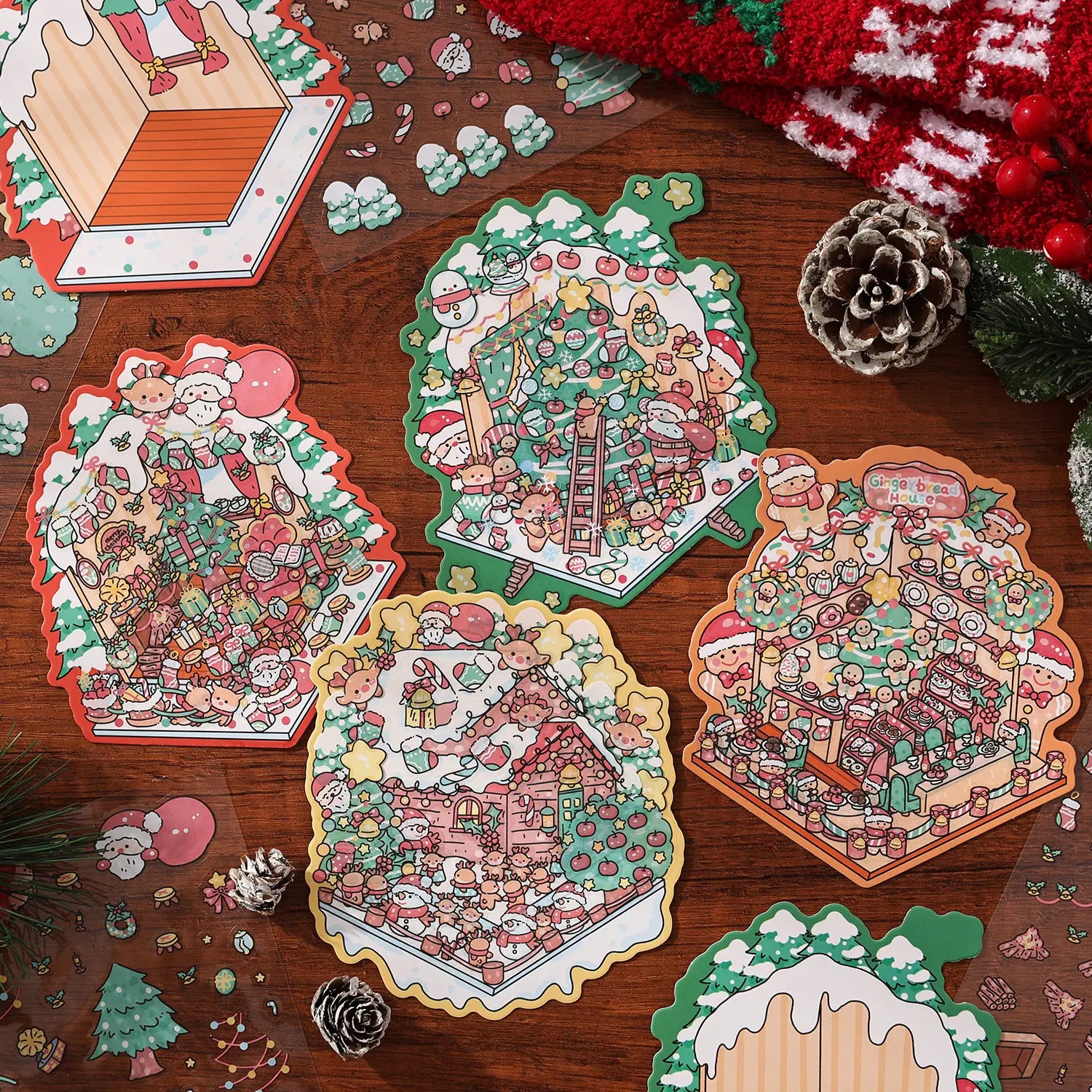 Weihnachts-Kinderfilm-Sticker-Set für festliche Dekoaufkleber für das Weihnachtsjournal mit ausgestanzten Lebkuchenhäusern in Pastellrosa, Grün und Orange, Schneemännern und dem Weihnachtsmann mit kunstvollen Illustrationen.