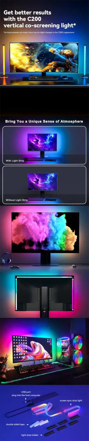 Tira de luz vertical C200 para sincronización en pantalla con efectos de color RGB vibrantes y diseño de marco negro elegante para sincronización ambilight de la pantalla del PC.