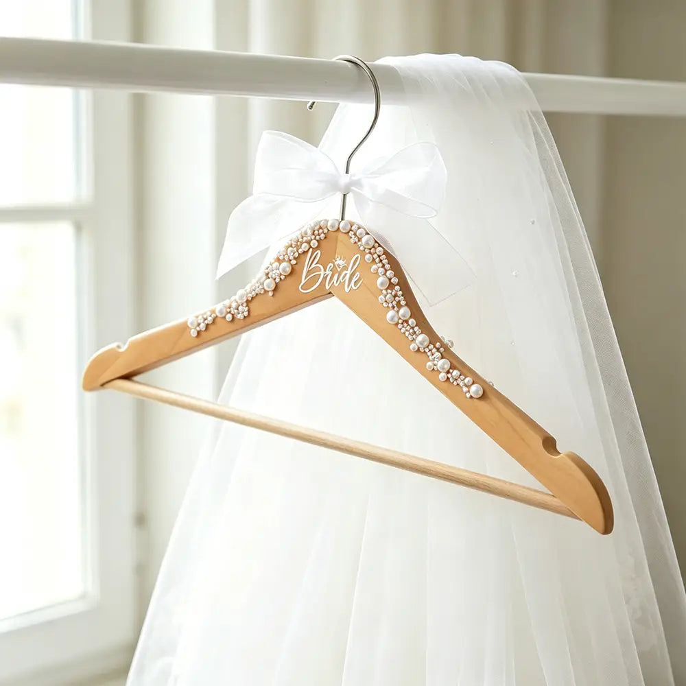 Un cintre de mariage en bois clair pour la mariée, orné de perles et d’une inscription élégante, provenant de l’ensemble de cintres en bois de perle pour la mariée et le marié.