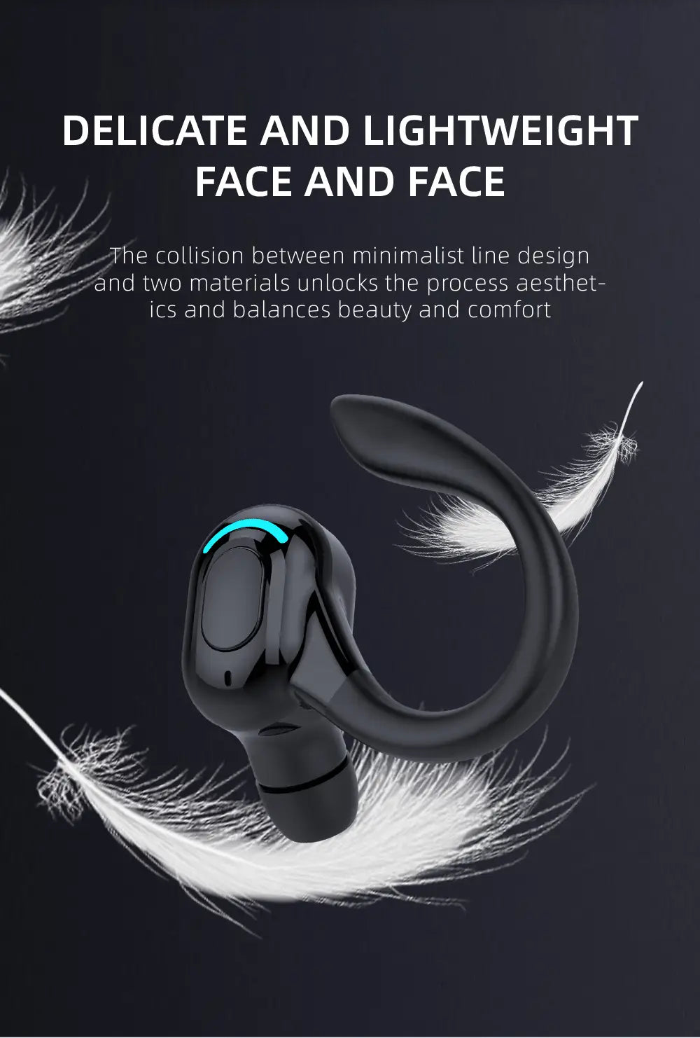 Black wireless ear hook sport earbud with a sleek minimalist design and glowing blue accent featuring Bluetooth 5.2 technology.