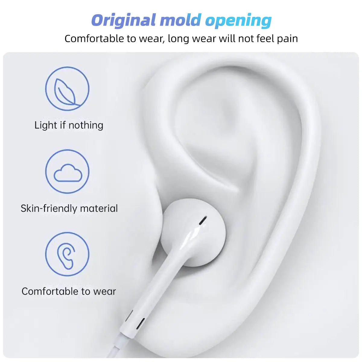 Weißer USB-C-kabelgebundener In-Ear-Kopfhörer mit Mikrofon mit schlankem minimalistischen Design und einer weichen Silikonspitze für einen angenehmen Sitz.