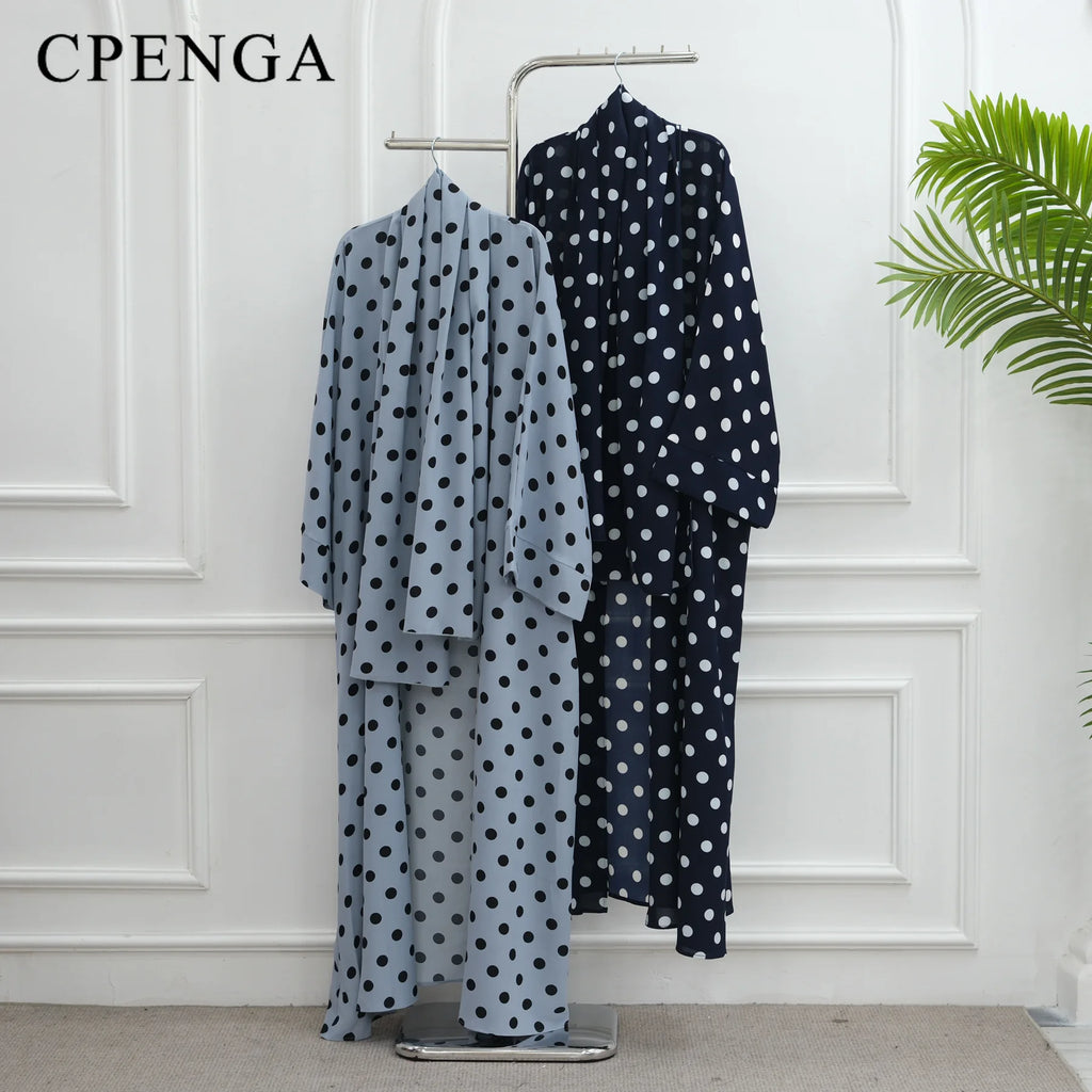 Two Piece  Polka Dot Muslim Outfit Set for Women Elegant Dubai Hijab Abaya Dress Islam Holiday Outwear Turkey Modest Kaftan Robe