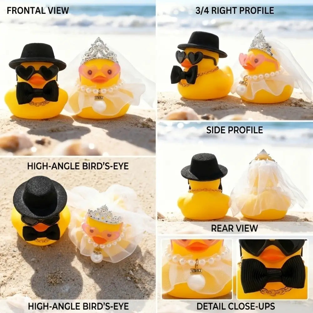 conjunto de adorno de boda de pareja de patitos de goma amarillos vestido como novio y novia con sombreros de copa negros, gafas de sol, pajaritas, diademas, velos, perlas y joyería tipo diamante.