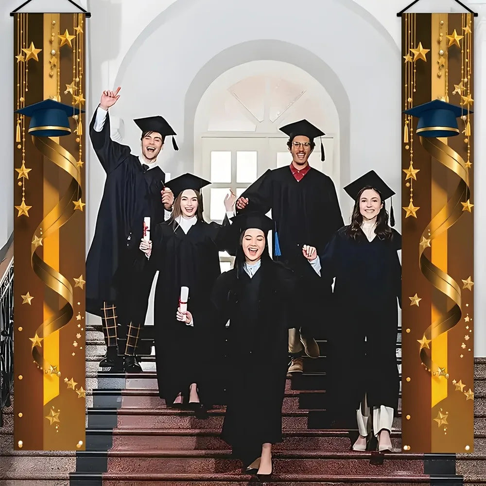 Graduation Porch Banner, Blue Gold Grad Cap & Star Curtain for Class of 2026 Graduation Party Front Door Decor