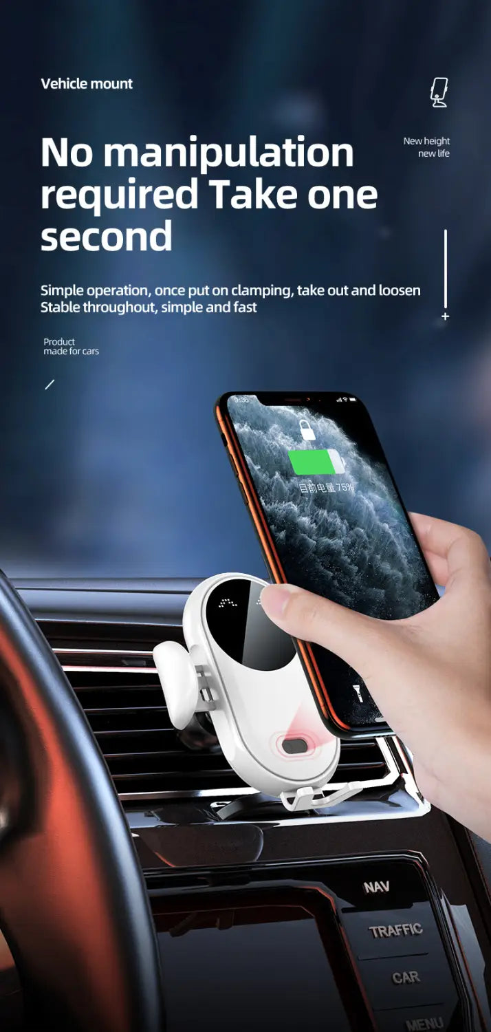 white wireless phone mount with sleek modern design for easy car installation compatible with fast charging car wireless charger