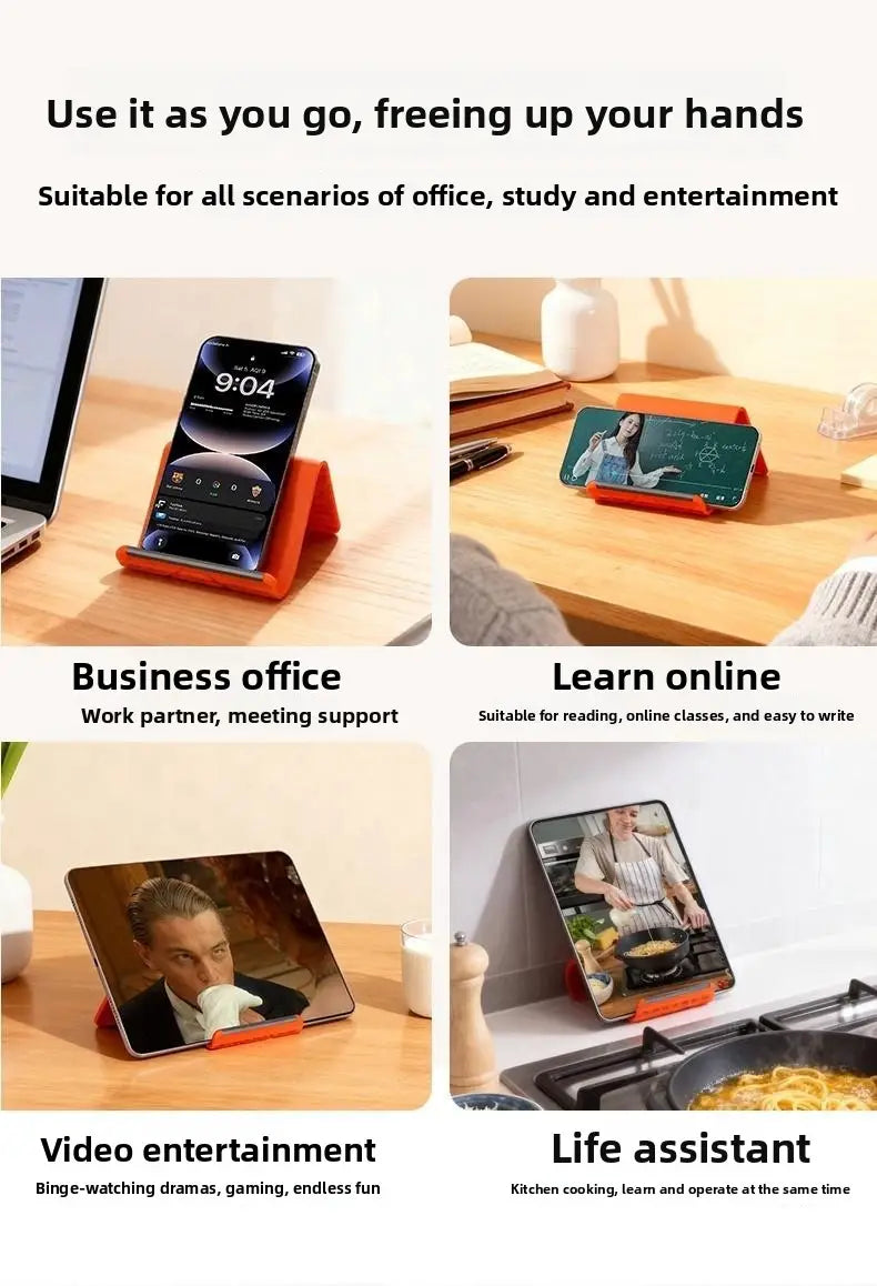 Soporte para teléfono plegable tipo perezoso de silicona en color naranja, diseñado para un soporte conveniente del dispositivo y para el uso con manos libres.