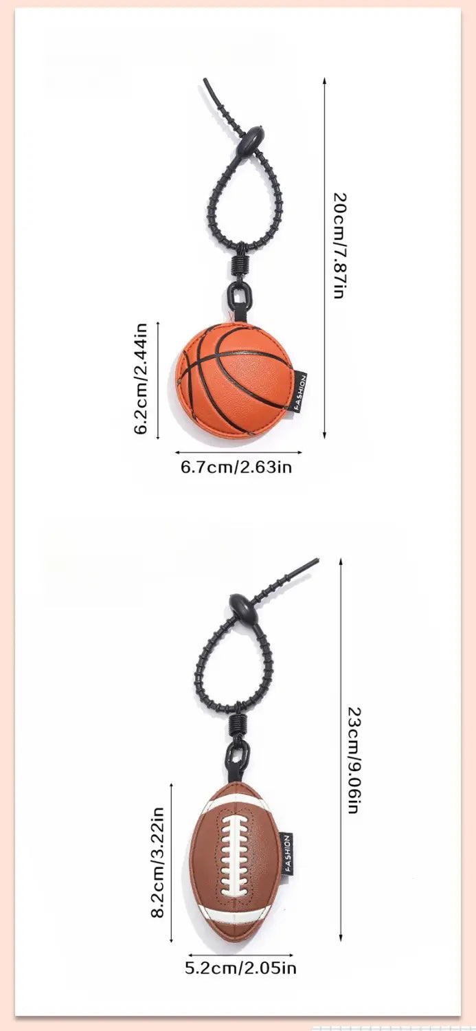 Leather sports ball keychain set bag charm featuring an orange and brown silicone sports ball with a black cord loop.
