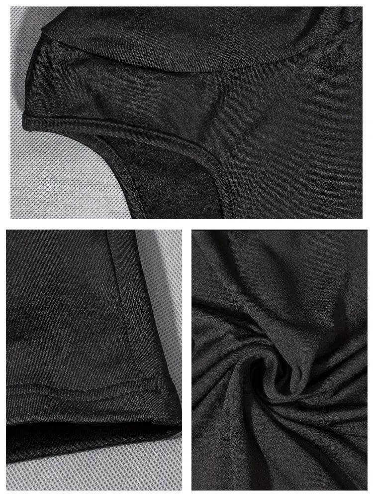 Mono jumpsuit negro tipo bodycon para mujer de manga corta, con una parte superior sin mangas de tejido elástico y suave, escote ajustado y dobladillos cosidos con precisión.