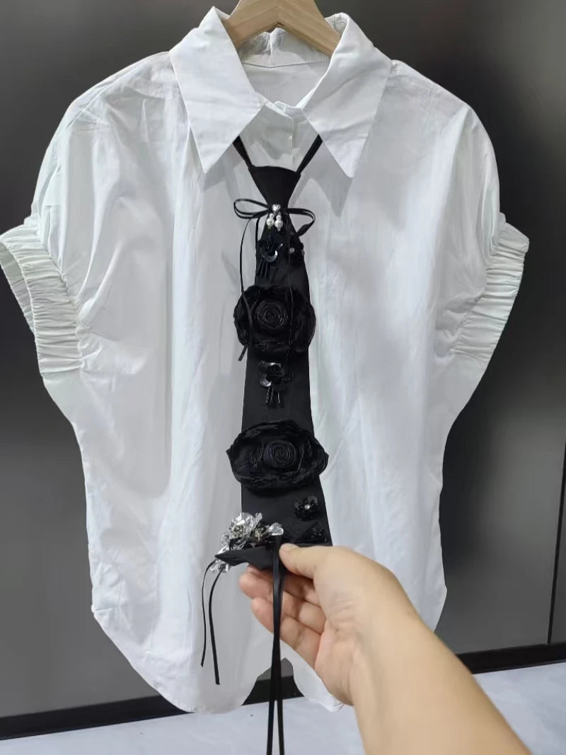 High-end Short Sleeve Shirts Blouses with Ties for Women Girls Ladies Elegant Fashion Tops Loose Casual Shirt Clothes