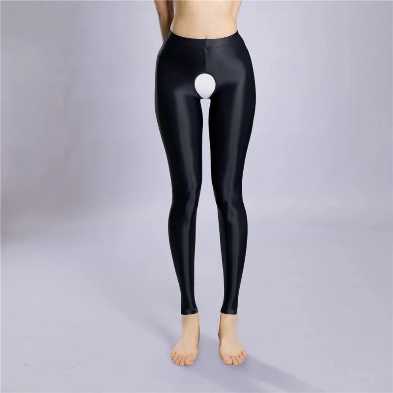 Plus Size Oil Shiny Crotchless Footless Pantyhose Women Sexy Satin Glossy Pencil Pants Fitness Yoga Leggings Party Clubwear
