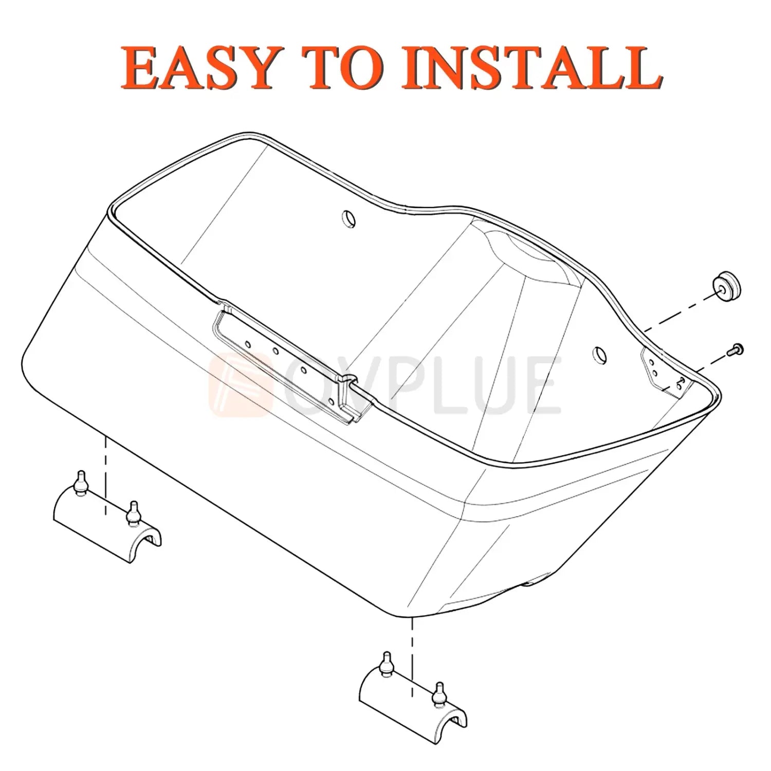 black plastic Harley touring motorcycle saddlebag shown from the back with mounting hardware in an installation diagram for the 1993 and up support grommet kit.