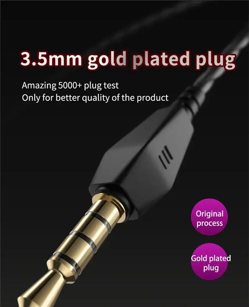 black 3.5mm audio jack with gold-plated tip and metallic rings featuring angular plastic housing with ventilation slots for qkz ak6 in-ear headphones with mic.