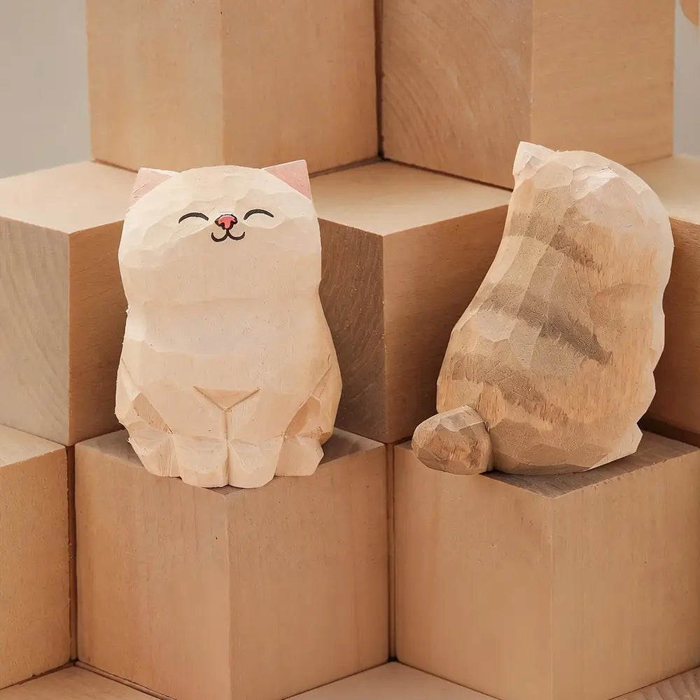 handcrafted wooden cat figurine desk decor featuring a cute hand-carved design with a smiling face and pink nose available as an actual product factory direct