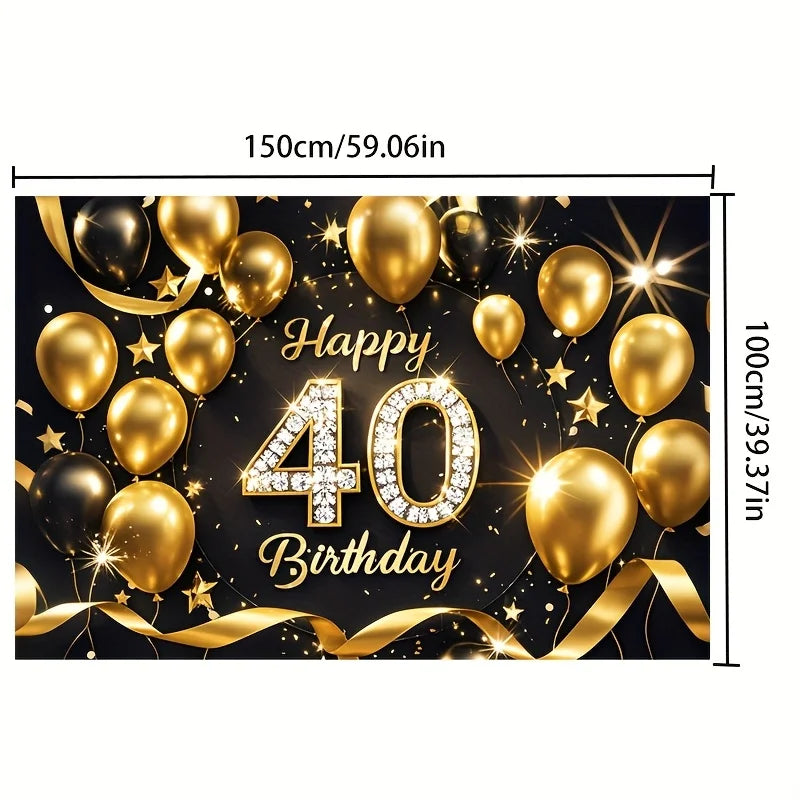 1 40th birthday background cloth - black gold glitter studio background with gold balloons and stars